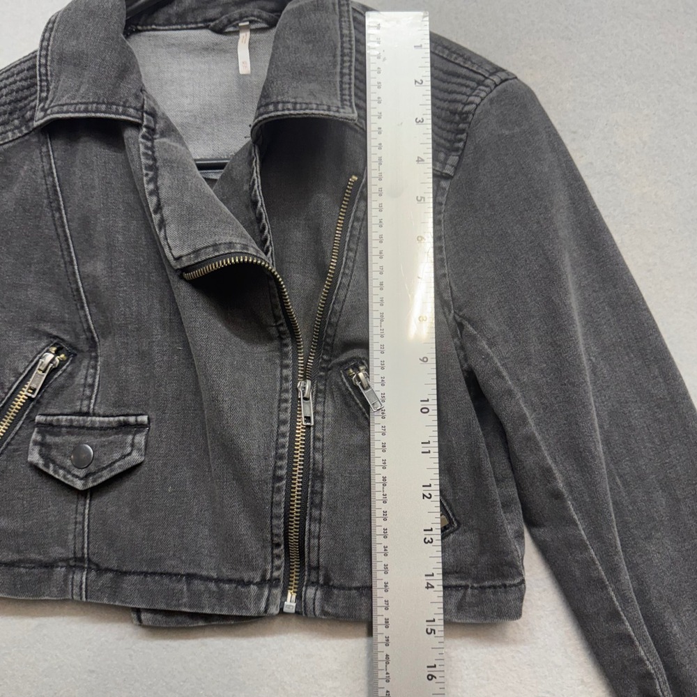 Free People Womens XS Black Denim Moto Jacket Cropped Biker Asymmetrical Zip - Picture 9 of 11